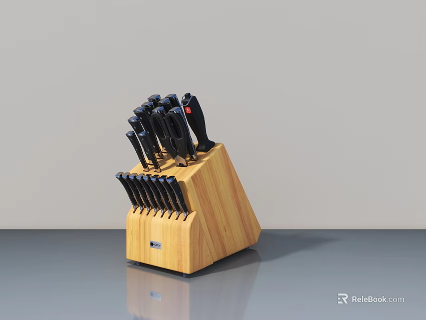 Stainless Steel Kitchen Knives With Black Handles In Wooden Block Stand 3d model 