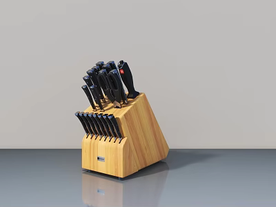 Stainless Steel Kitchen Knives With Black Handles In Wooden Block Stand 3d model