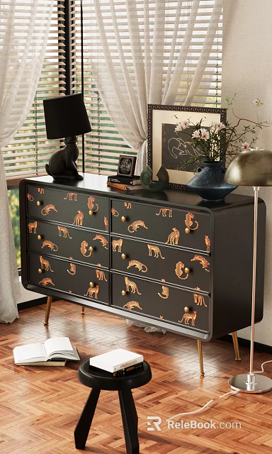 Stylish Black Dresser With Leopard Print Design And Gold Handles For Living Room Decor 3d model 