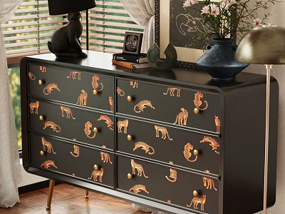 Stylish Black Dresser With Leopard Print Design And Gold Handles For Living Room Decor 3d model