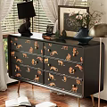 Stylish Black Dresser With Leopard Print Design And Gold Handles For Living Room Decor