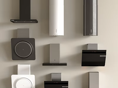 Various Modern Kitchen Appliances In Different Colors And Styles Arranged Neatly On Wall 3d model
