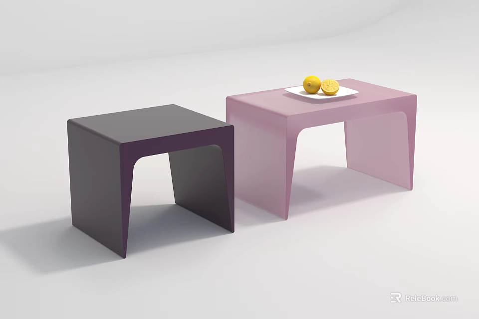 Modern Sleek Side Tables in Dark Purple and Pink with Decorative Lemon Plate 3d model 