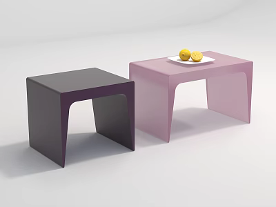 Modern Sleek Side Tables in Dark Purple and Pink with Decorative Lemon Plate 3d model