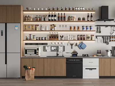 Modern Kitchen Shelves With Arranged Spice Bottles And Kitchen Supplies 3d model