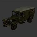 Vintage Green Rusty Car with Curved Roof and Red Cross Symbol on Side