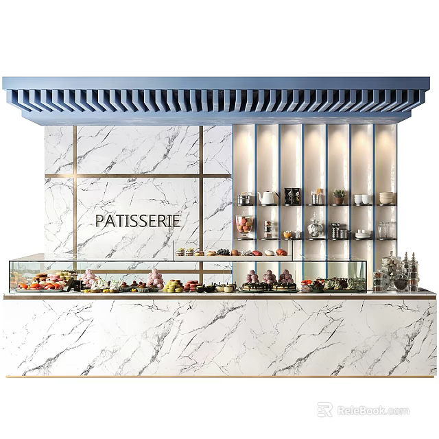 Elegant Patisserie Public Facility With Marble Counter Display Case Ceiling Grille And Pastries 3d model 