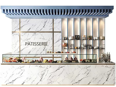 Elegant Patisserie Public Facility With Marble Counter Display Case Ceiling Grille And Pastries 3d model