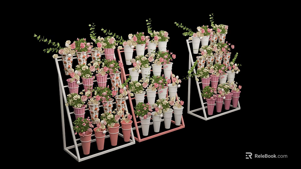 Floral Display with Multi Tiered Stands Pink White Patterned Pots and Green Foliage 3d model 