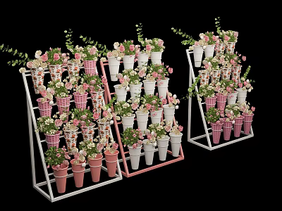 Floral Display with Multi Tiered Stands Pink White Patterned Pots and Green Foliage 3d model