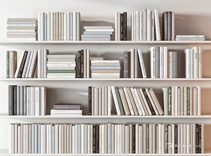 Neatly Arranged Books and Magazines on White Bookshelves with Various Colors 3d model 