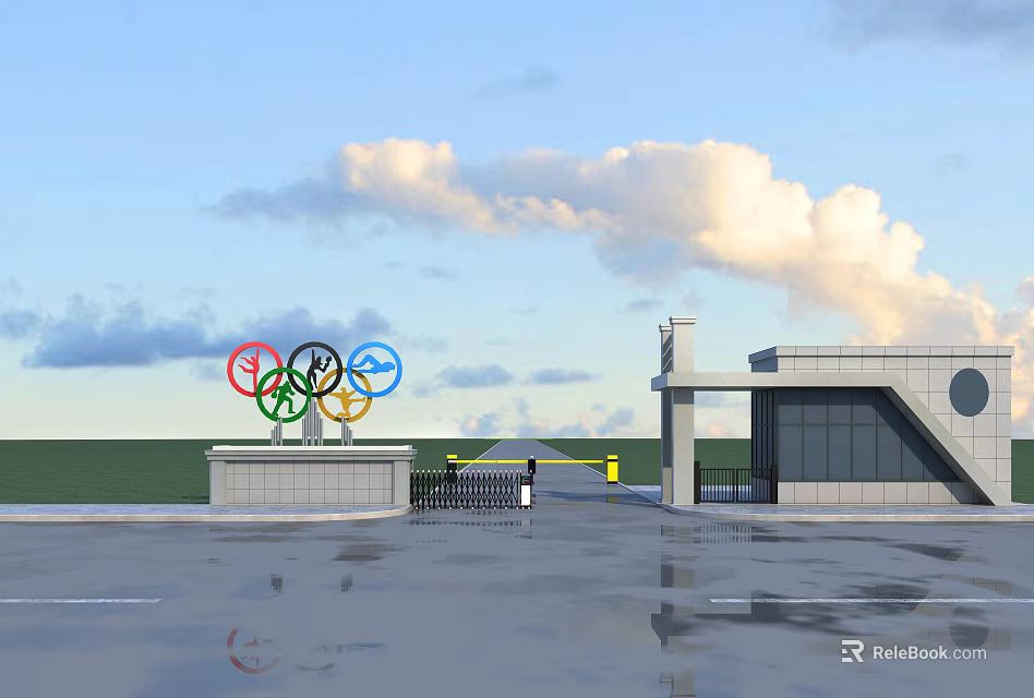 Modern Olympic Games Entrance Gate With Rings Sculpture And Cloudy Sky 3d model 