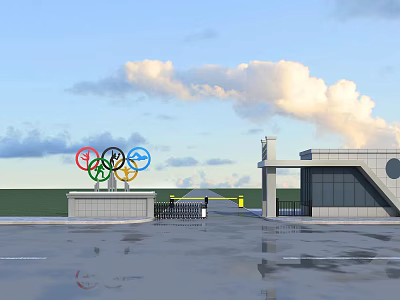 Modern Olympic Games Entrance Gate With Rings Sculpture And Cloudy Sky 3d model