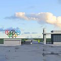 Modern Olympic Games Entrance Gate With Rings Sculpture And Cloudy Sky