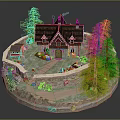 Cute Cartoon Scene With Small House Green Trees Garden Path And Decorations