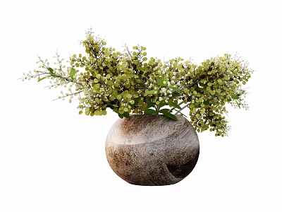 Bonsai Potted Plant With Brown Spherical Pot And Green Foliage White Small Flowers 3d model