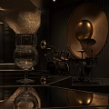 Dark Elegant Bar Interior With Chandelier Illuminated Wine Shelves Glassware And Marble Decor Accents