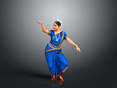 Woman Performing Traditional Indian Dance In Blue Sari With Red Shoes And Ornaments 3d model