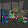 Vintage Electronic Equipment Setup With Multiple Monitors Control Console Reclining Chair And Green Glowing Pipe