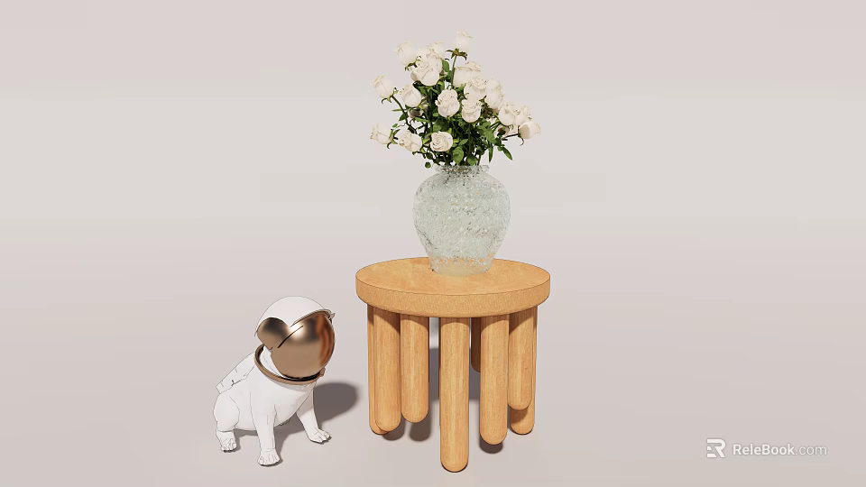 Wooden Side Table With Cylindrical Legs Clear Vase White Flowers White Dog Gold Helmet Beside 3d model 