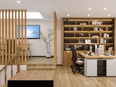 Public Office Space Featuring Open Layout Wooden Slat Partition Bookshelves And Skylight 3d model
