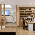 Public Office Space Featuring Open Layout Wooden Slat Partition Bookshelves And Skylight