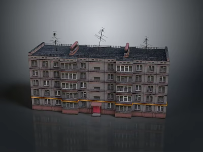 Multi Floor Apartment Building With Windows Balconies Red Door Yellow Trim And Antennas 3d model