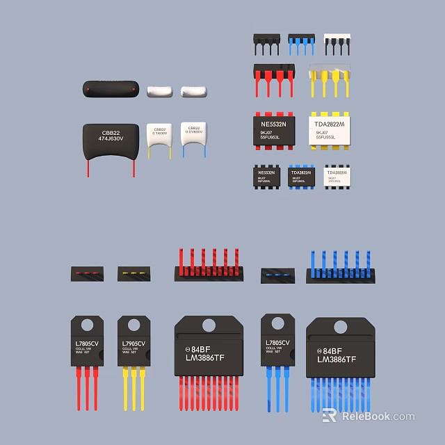 Assorted Electronic Components Including Chips Resistors And Colored Pin Connectors 3d model 