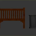 Wooden Bench With Backrest Armrest And Metal Trash Can In Outdoor Setting