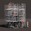 Scaffolding Structure For Construction Site With Workers In Safety Gear