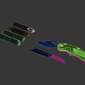 Green Handle Folding Knife With Four Metal Lighters And Serrated Blade Tool On Black Surface