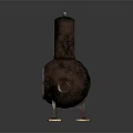 Rusty Metal Stove with Cylindrical Chimney Grilled Door and Short Legs on Wooden Base