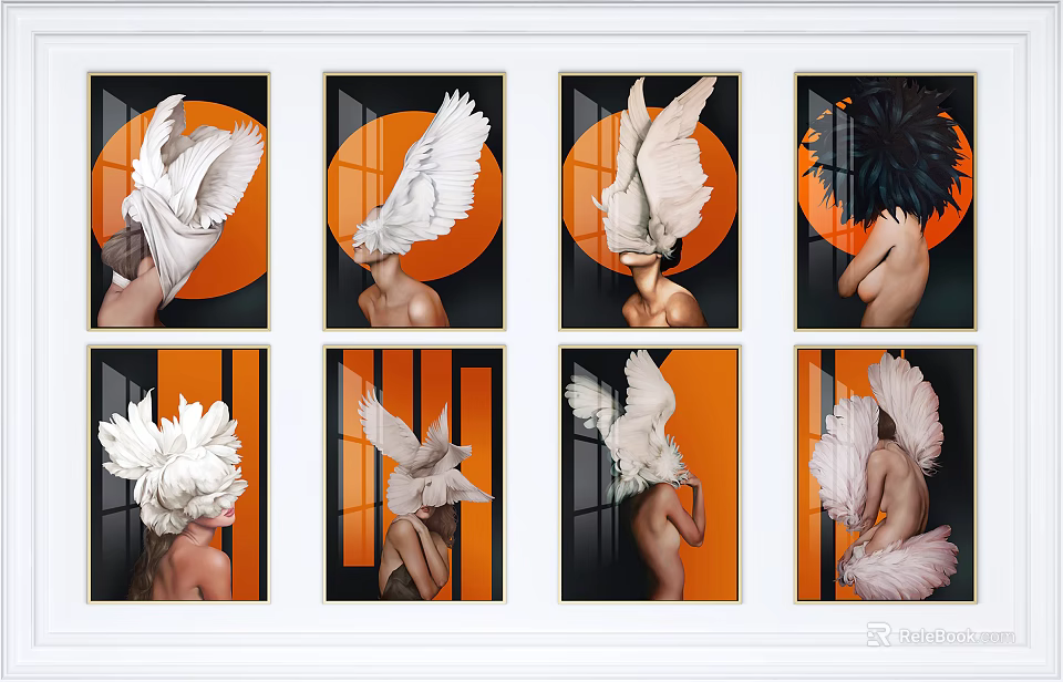Artistic Wall Decor Prints With Feather Headpiece Figures And Orange Black Background 3d model 