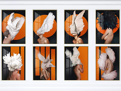 Artistic Wall Decor Prints With Feather Headpiece Figures And Orange Black Background 3d model