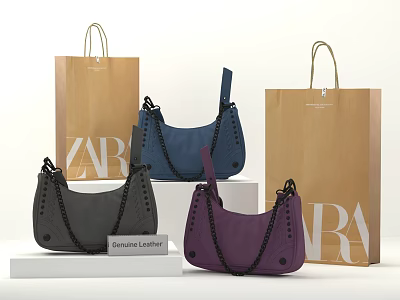Genuine Leather Bags With Chain Straps And ZARA Paper Bags In Various Colors 3d model