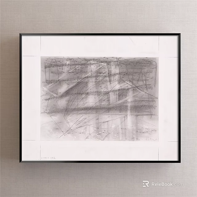 Framed Black And White Abstract Painting With Intersecting Lines And Textures 3d model