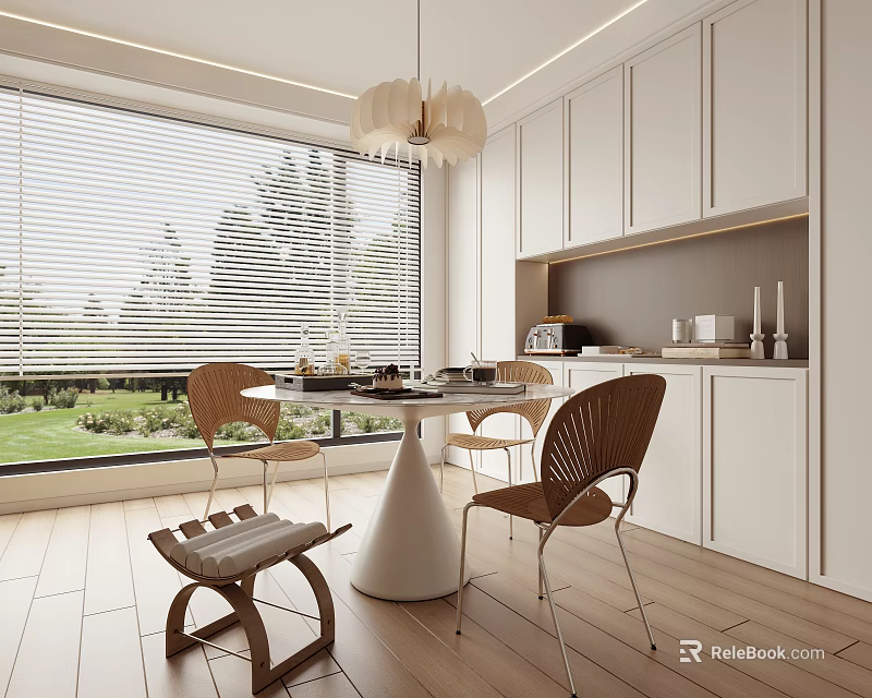 Modern Open Concept Restaurant Interior With Dining Table Chairs And Natural Light 3d model