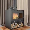 Modern Black Fireplace With Burning Flames Stacked Firewood And Kettle