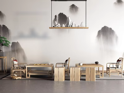 Chinese Wooden Entertainment Table With Ink Landscape Wall Hanging Shelf And Chairs On Gray Floor 3d model