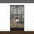 Modern Frosted Glass Partition With Black Metal Frame Circular Pattern And White Wall Paneling