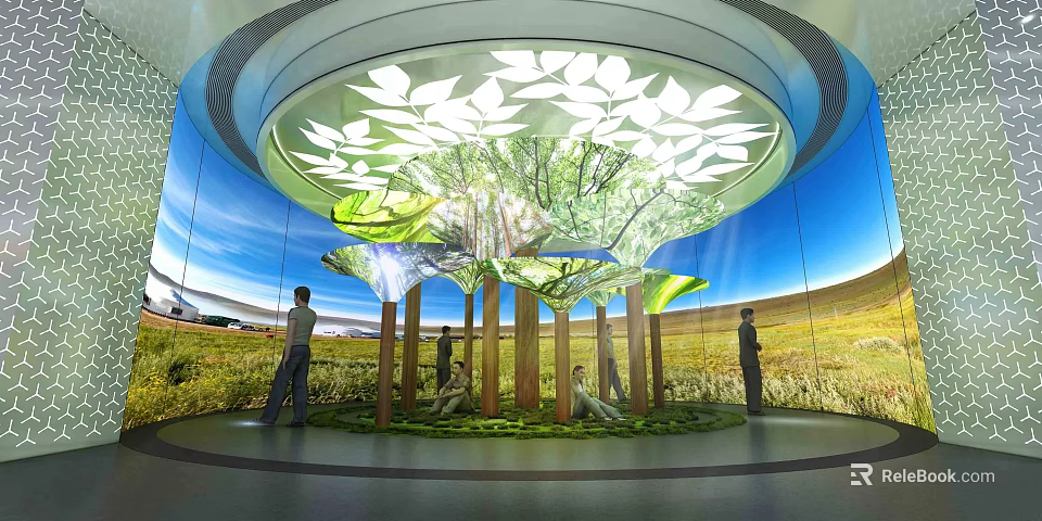 Modern Indoor Space Featuring Circular Ceiling Leaf Decorations Tree Structure And Large Screen Natural Landscape 3d model 