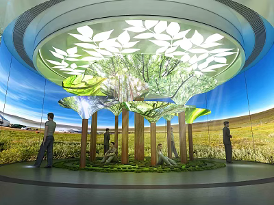 Modern Indoor Space Featuring Circular Ceiling Leaf Decorations Tree Structure And Large Screen Natural Landscape 3d model