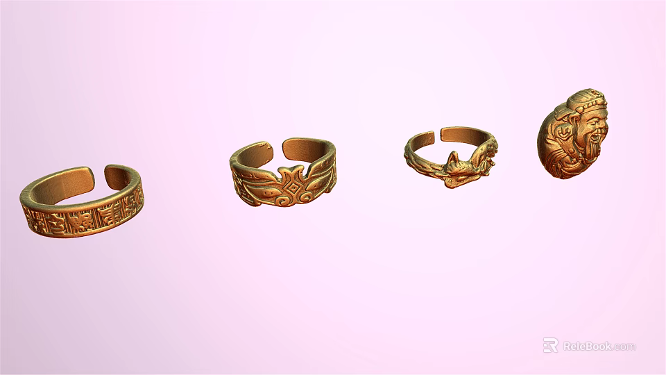 Exquisite Gold Rings With Intricate Carved Patterns On Pastel Pink Background 3d model 