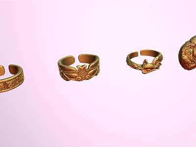 Exquisite Gold Rings With Intricate Carved Patterns On Pastel Pink Background 3d model