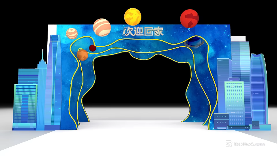 Commercial Decorative Arch Equipment With Blue Background Colorful Planets City Silhouettes Welcome Home 3d model 