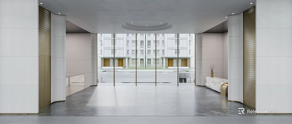 Modern Hotel Lobby Interior Design With Large Glass Windows Marble Floor And Front Desk 3d model 
