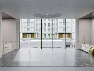 Modern Hotel Lobby Interior Design With Large Glass Windows Marble Floor And Front Desk 3d model