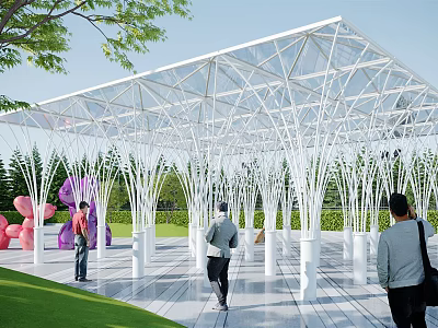 Modern White Pergola With Transparent Roof Surrounding Trees Green Lawn And People Walking 3d model