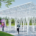 Modern White Pergola With Transparent Roof Surrounding Trees Green Lawn And People Walking