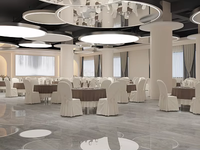 Elegant Modern Banquet Hall Interior Design With Round Chandeliers White Columns And Marble Floor 3d model